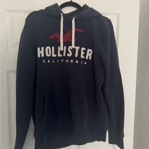 Hollister Dark Blue Men's Hoodie with Red Logo size Large